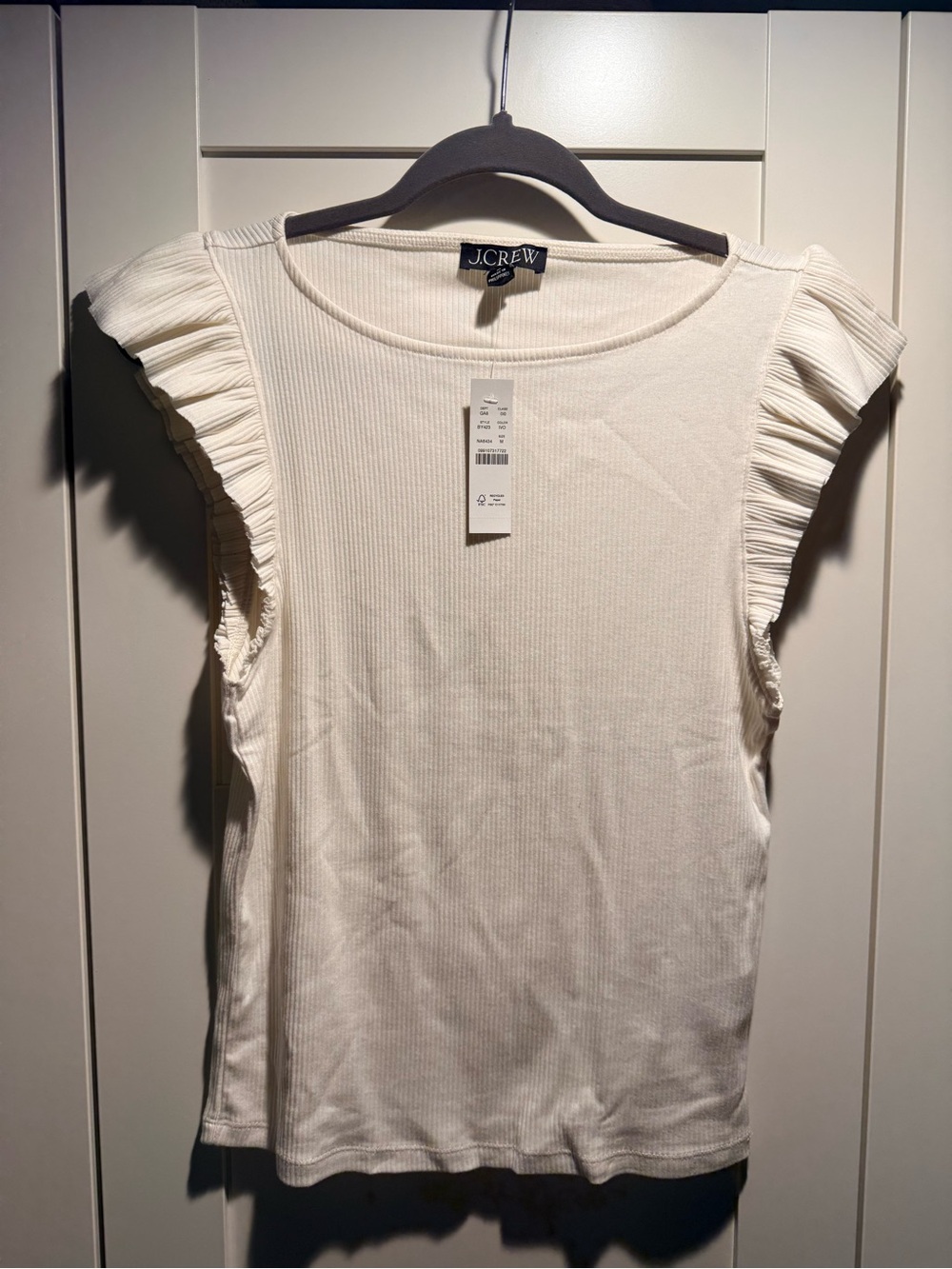 J. Crew Cream Ribbed Shell with Pleated Cap Sleeves